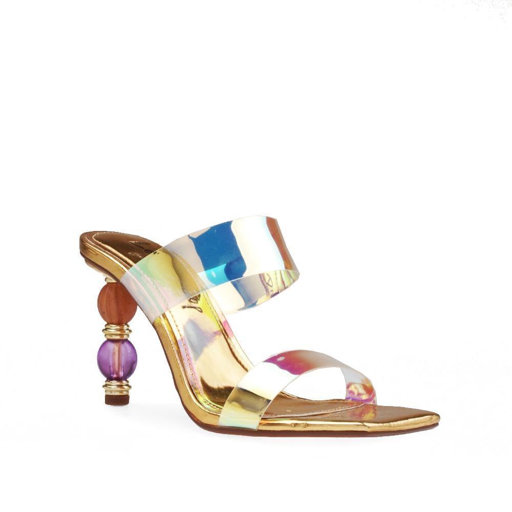 Golden colored women heels with clear vinyl top and colorful heel-corner view