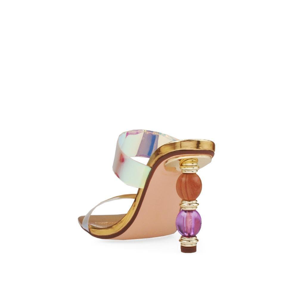 Golden colored women heels with clear vinyl top and colorful heel-posterior view