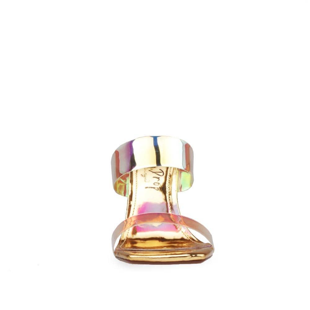 Golden colored women heels with clear vinyl top and colorful heel-front view