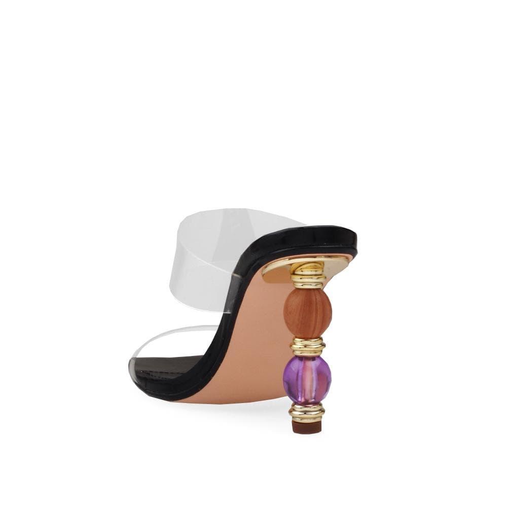 Black colored women heels with clear vinyl top and colorful heel-posterior view