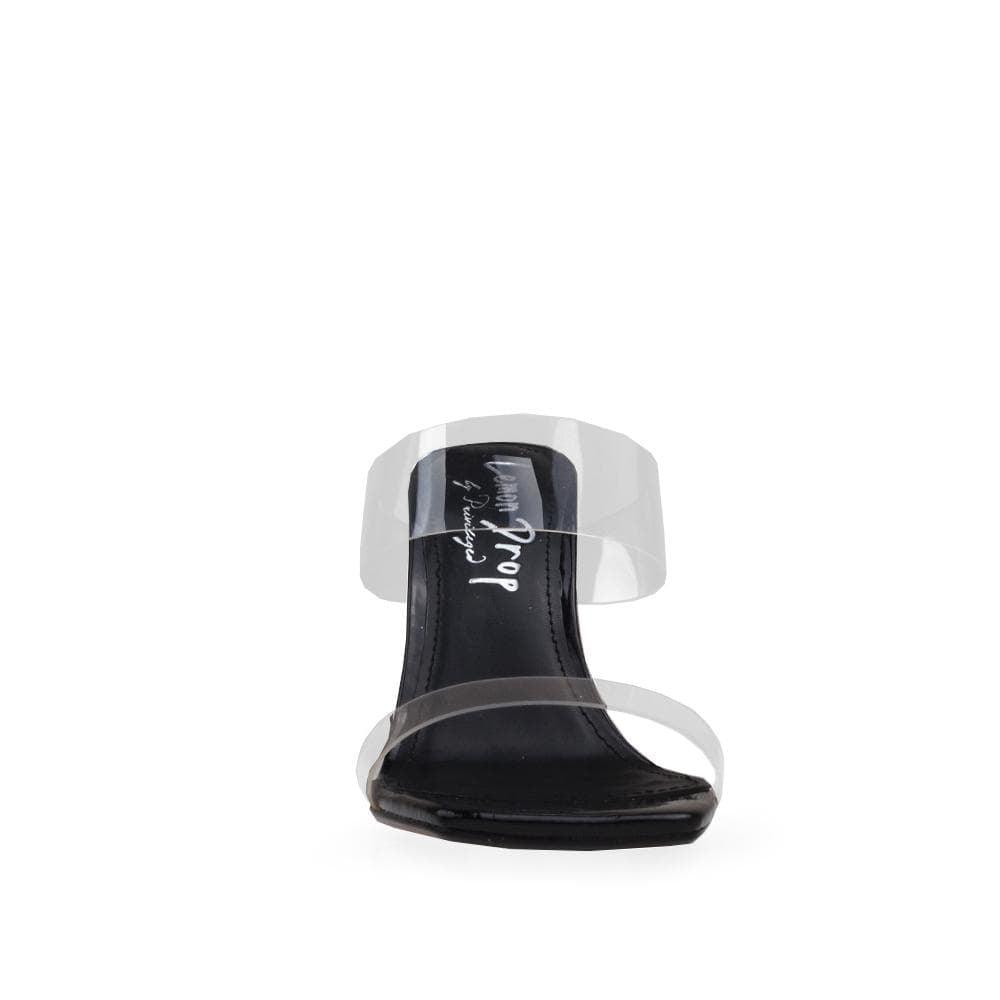 Black colored women heels with clear vinyl top and colorful heel-front view