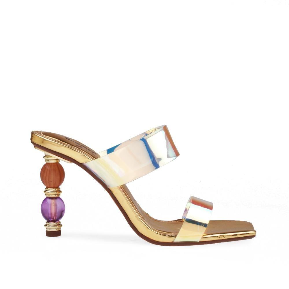 Golden colored women heels with clear vinyl top and colorful heel-side view