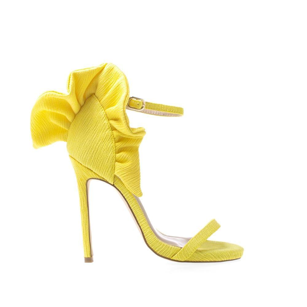 Yellow women heels with fabric upper and ankle buckle closure