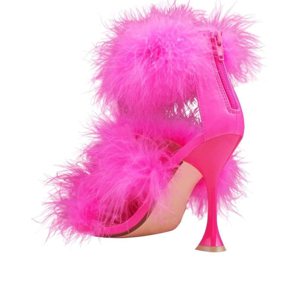 Three tiered fury women heels in pink color and pink heel-posterior view