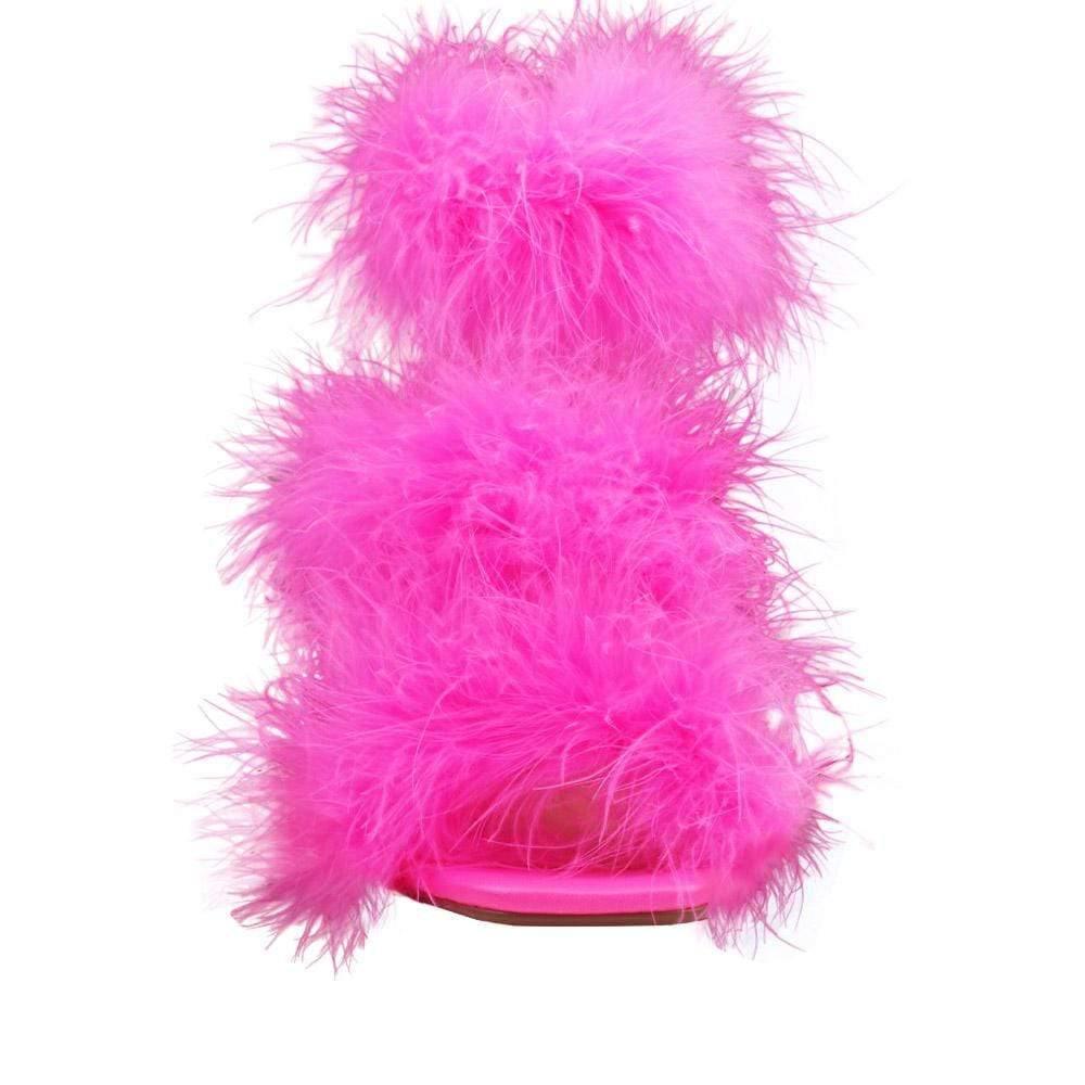 Three tiered fury women heels in pink color and pink heel-front view