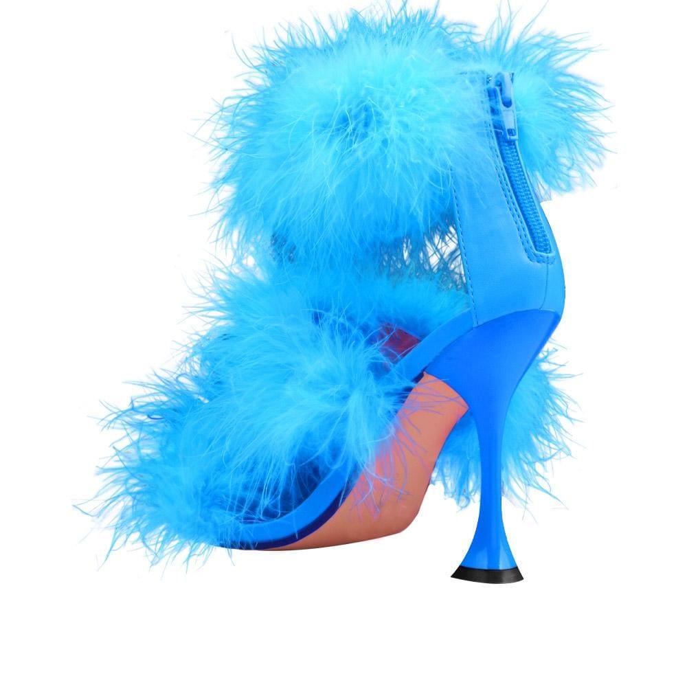 Three tiered fury women heels in blue color with blue heel-posterior view