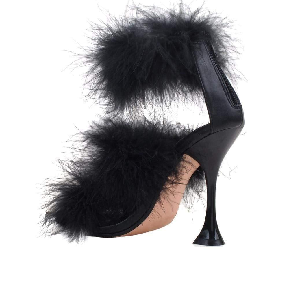 Three tiered fury women heels in black color and black heel-posterior view