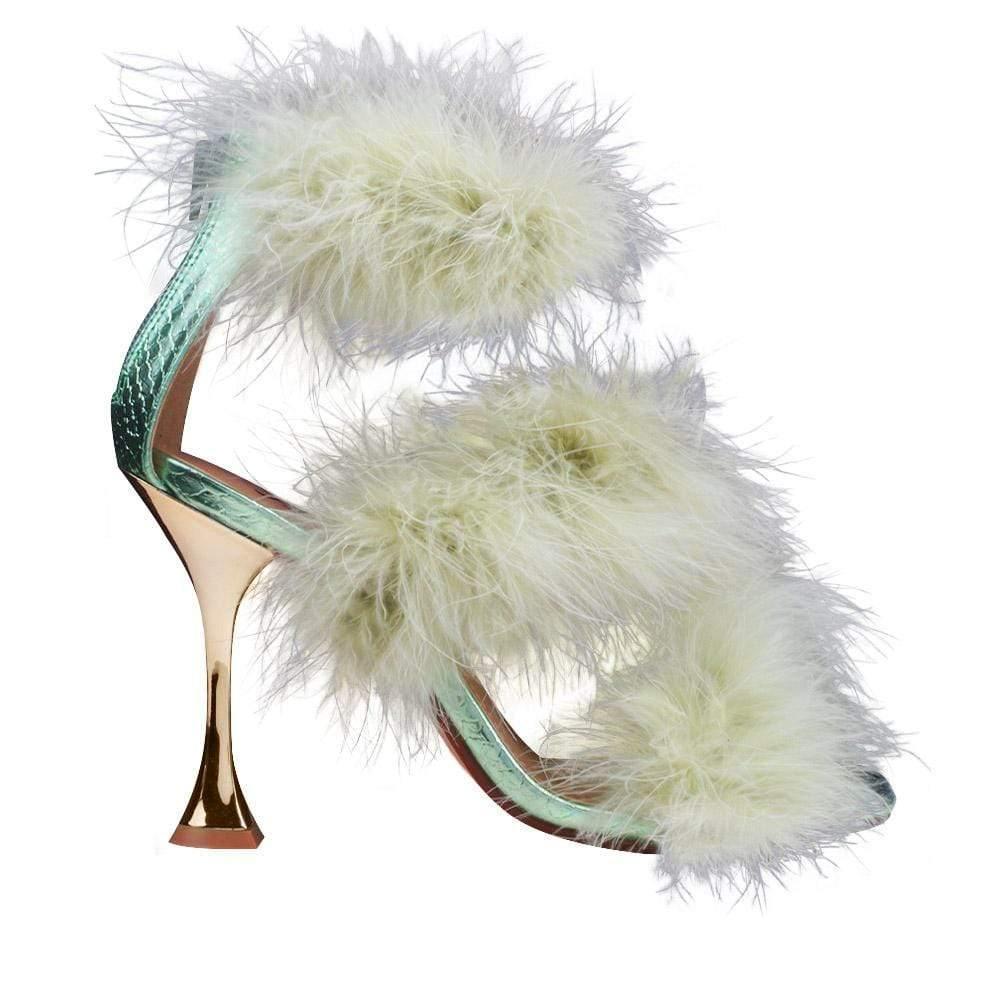 Three tiered fury women heels in mint color and golden heel-side view