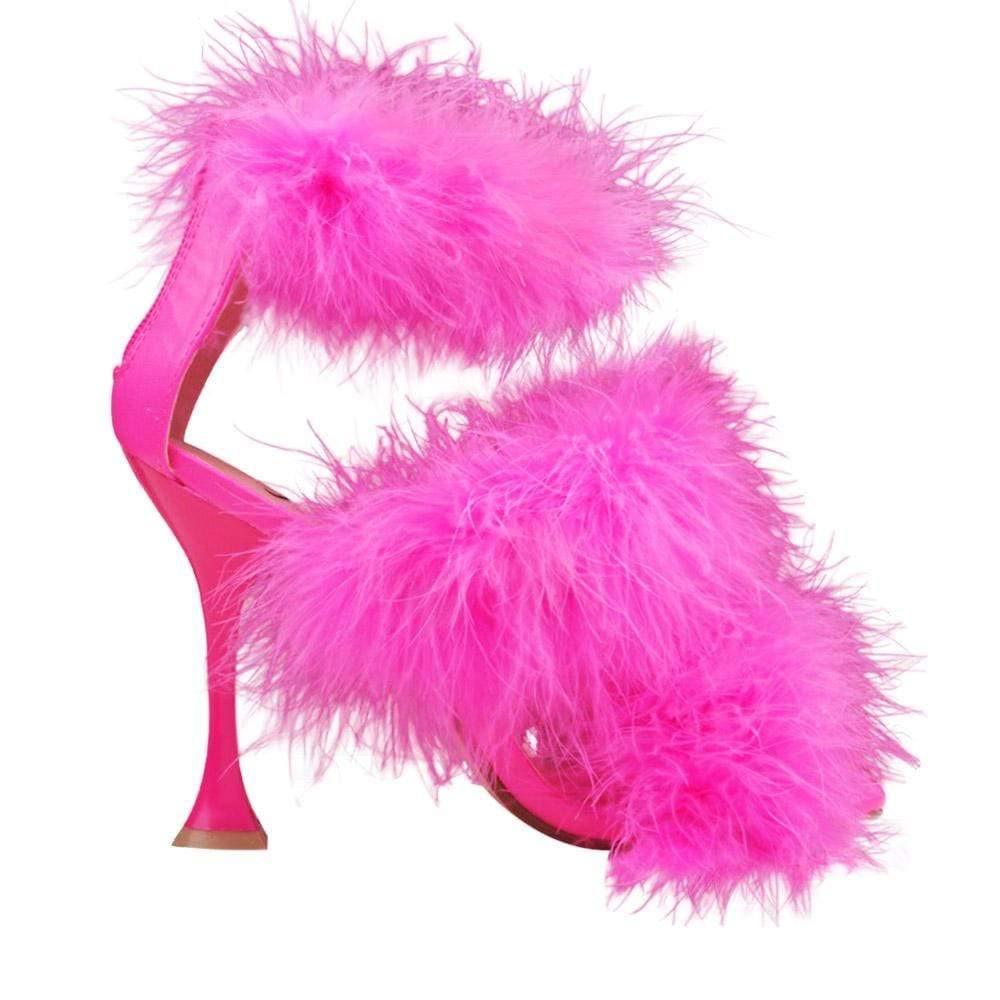 Three tiered fury women heels in pink color and pink heel-side view