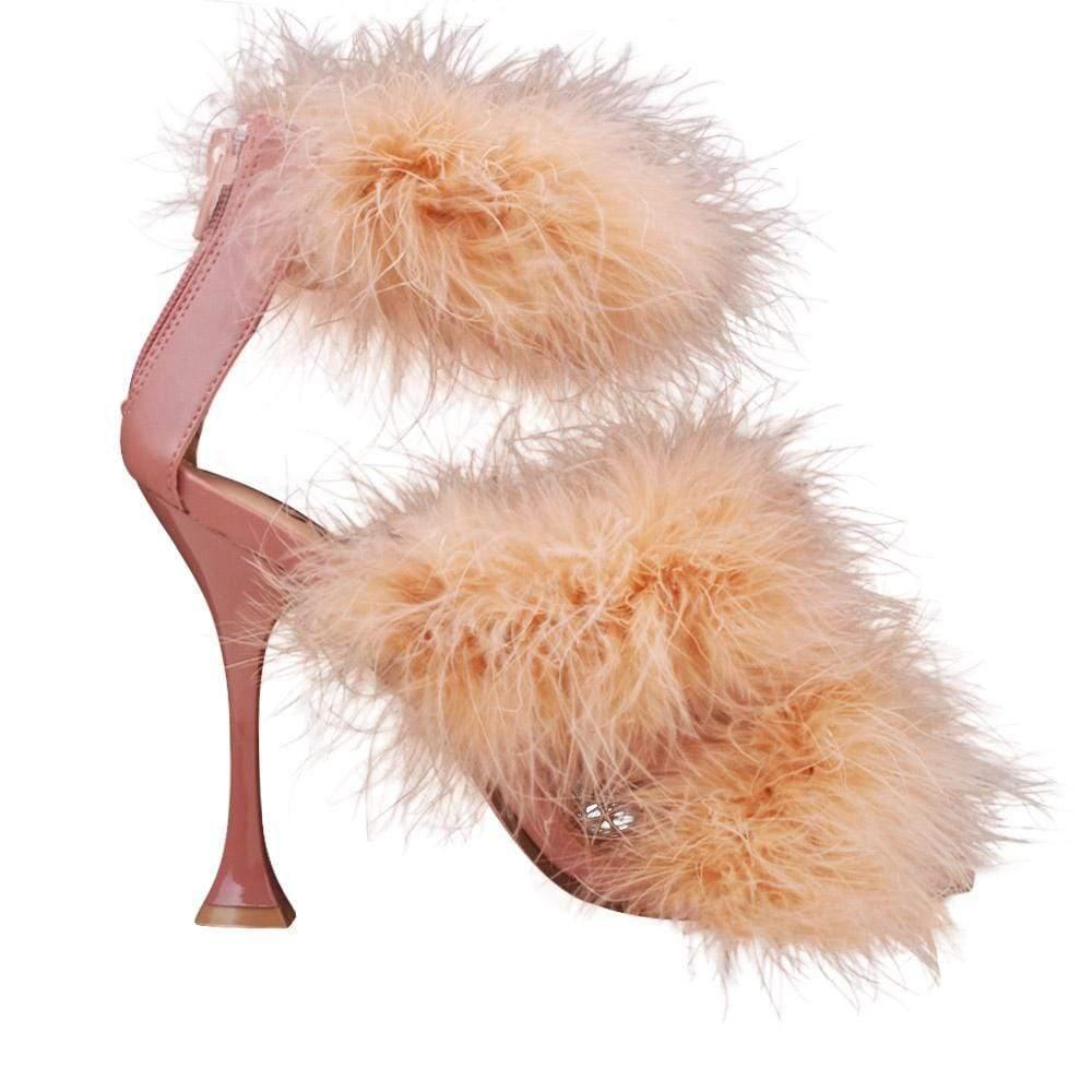 Three tiered fury women heels in tan color with tan heel-side view