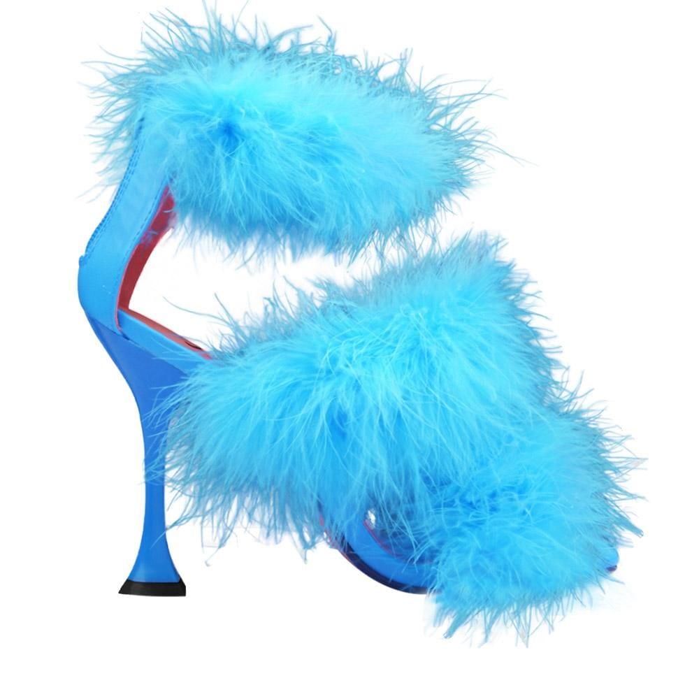 Three tiered fury women heels in blue color with blue heel-side view