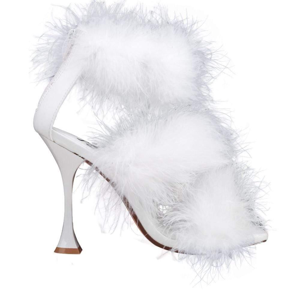 Three tiered fury women heels in white color with white heel-side view