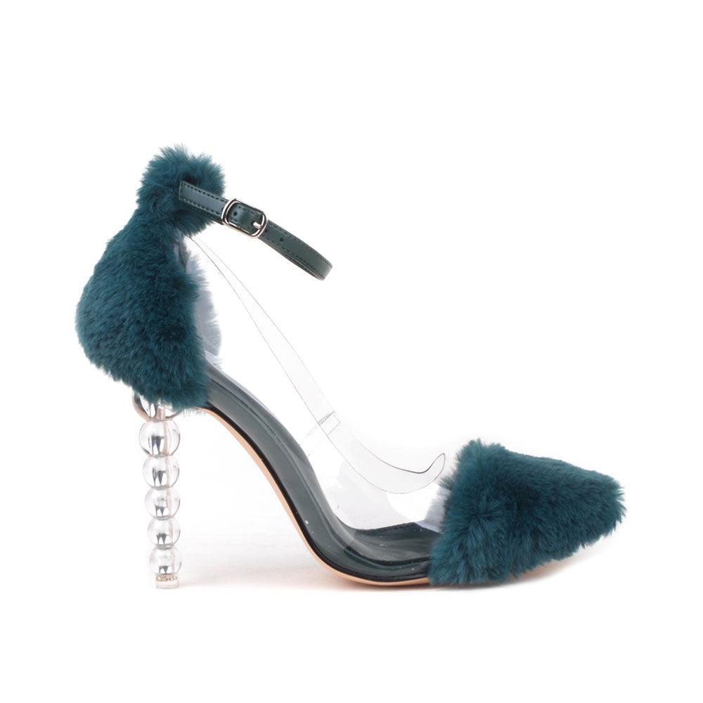 Green colored fury women heels with tiered transparent heel and vinyl clear middle-side view
