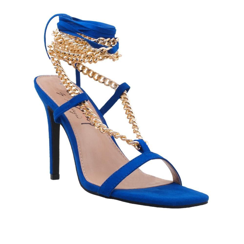 Women heels with gold metal chains and lace tie up in royal blue-corner view