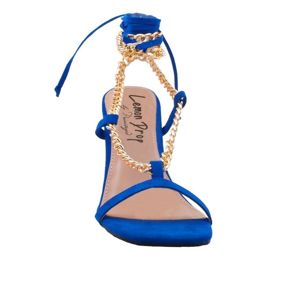 Women heels with gold metal chains and lace tie up in royal blue-front view