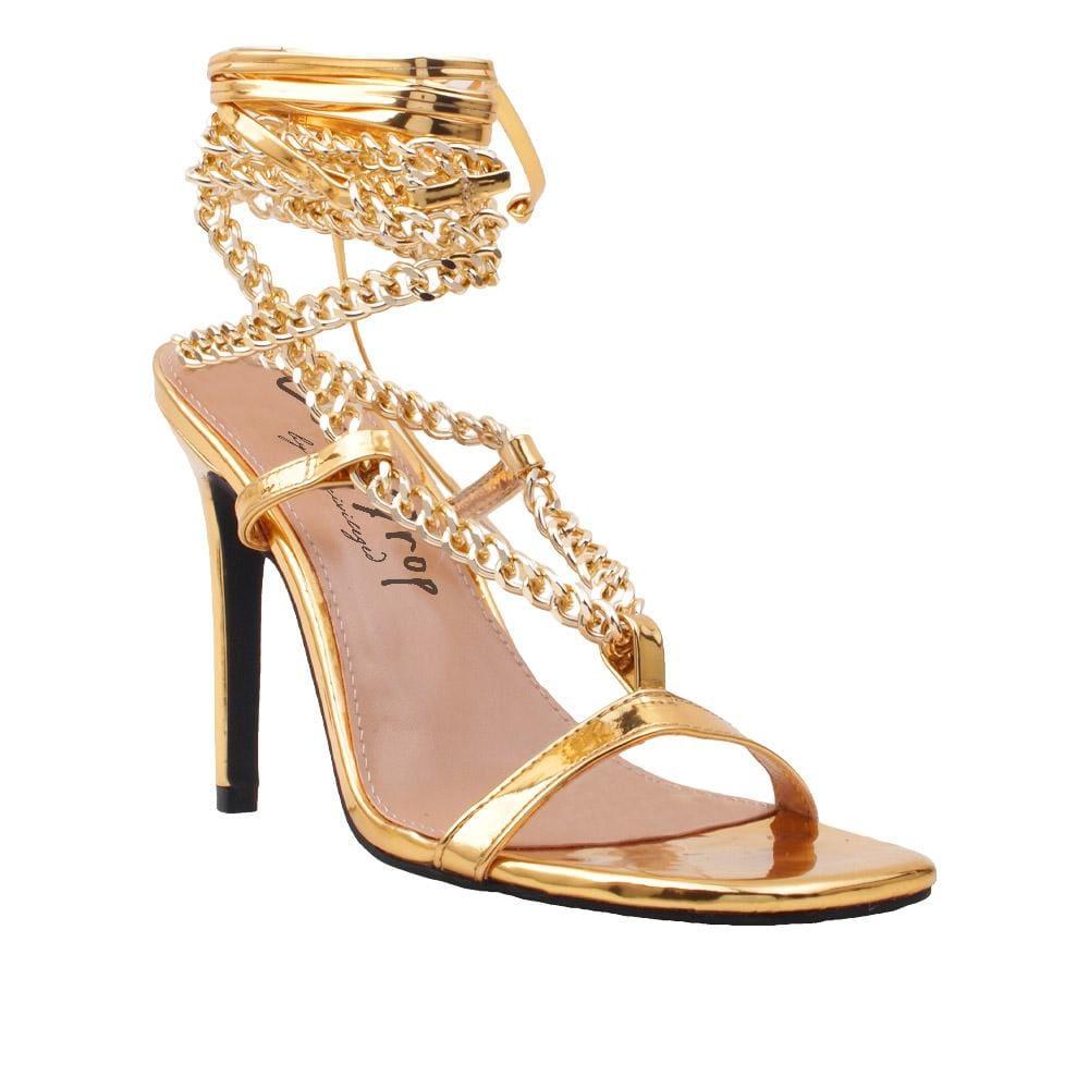 Women heels with gold metal chains and lace tie up in gold-corner view