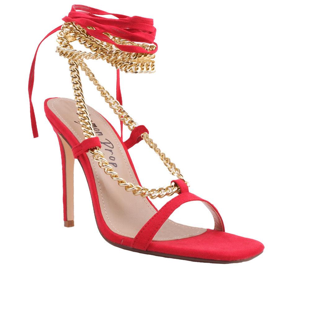 Women heels with gold metal chains and lace tie up in red-corner view