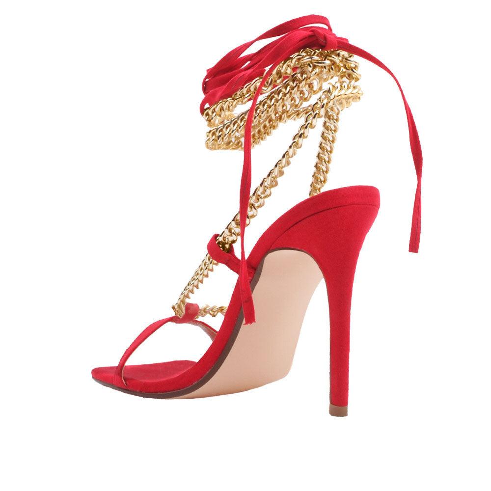 Women heels with gold metal chains and lace tie up in red-posterior view