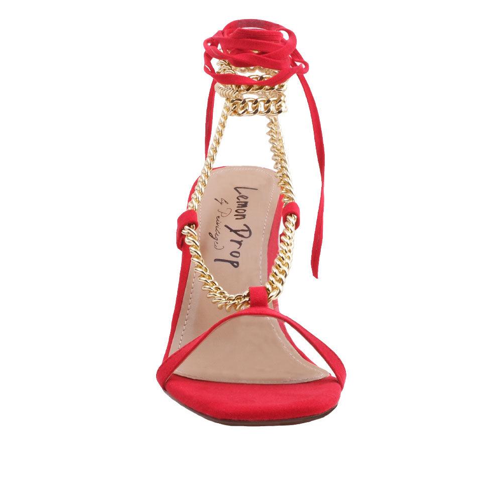 Women heels with gold metal chains and lace tie up in red-front view