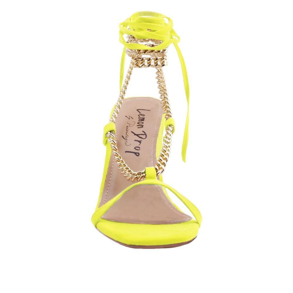 Women heels with gold metal chains and lace tie up in neon yellow-front view