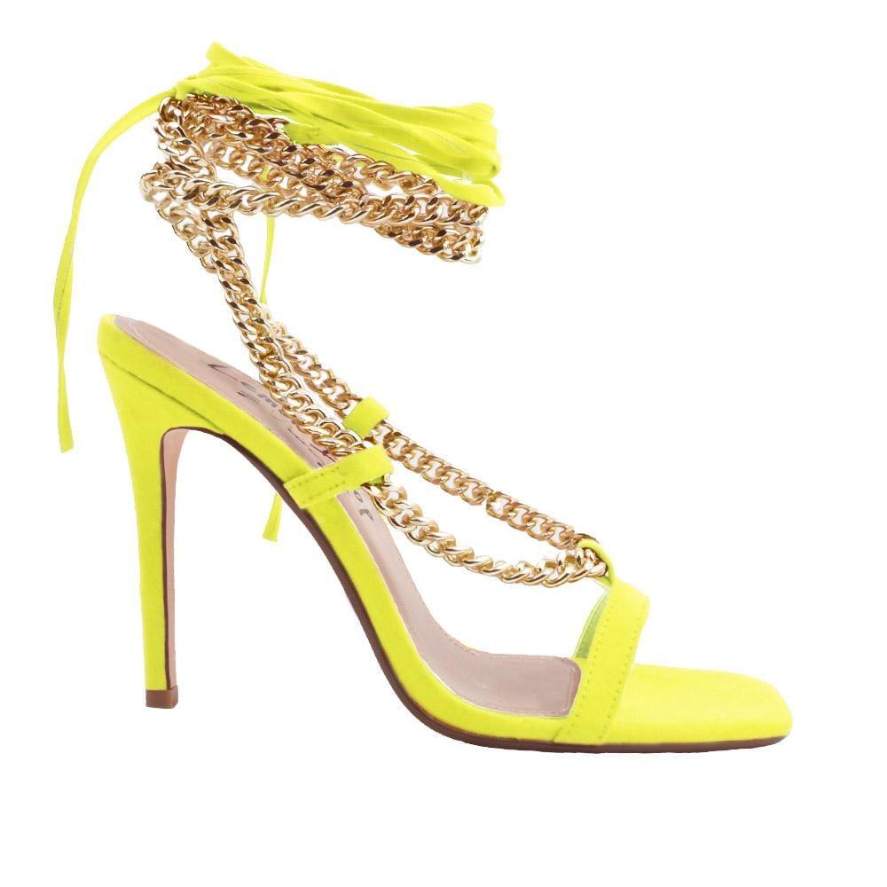 Women heels with gold metal chains and lace tie up in neon yellow-side view