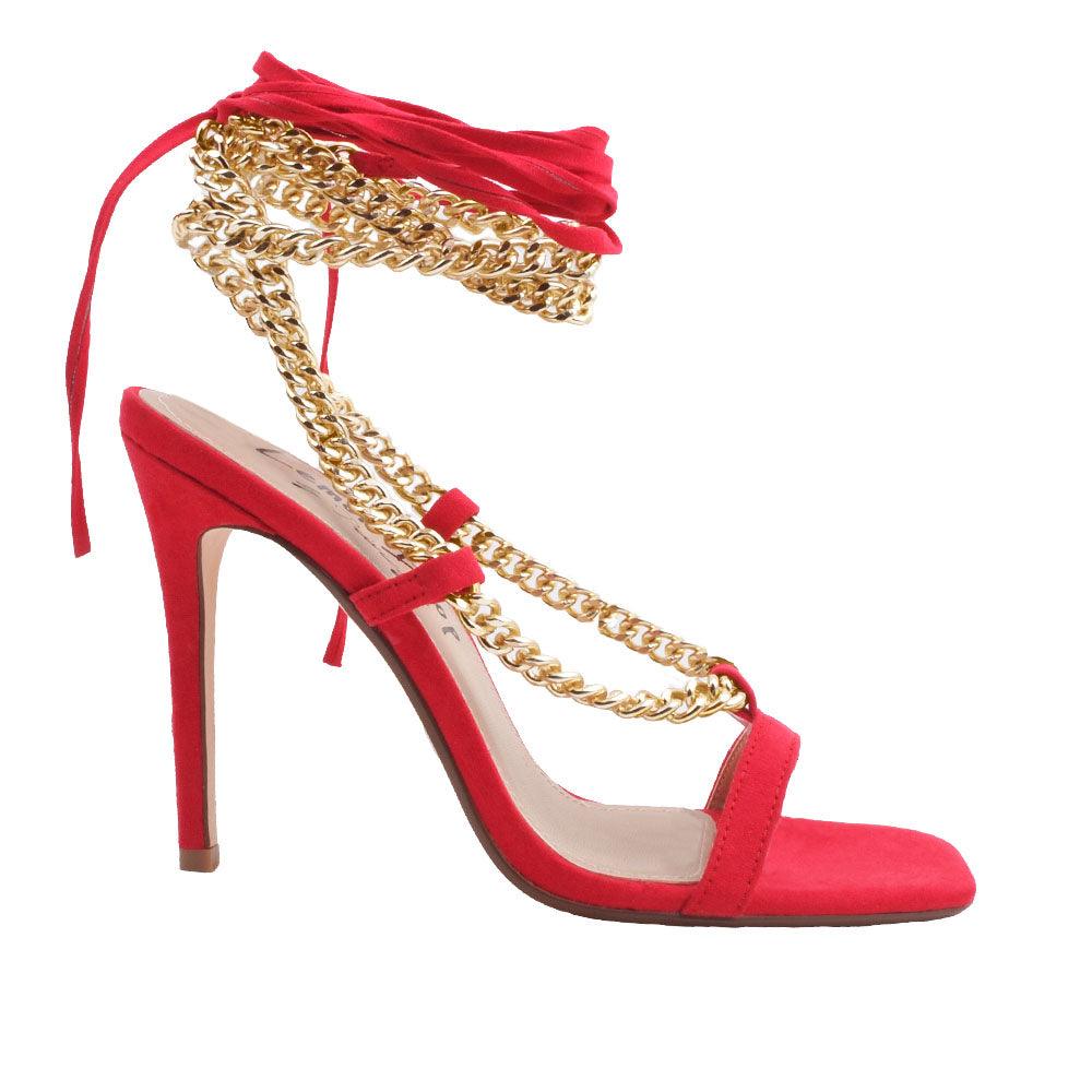Women heels with gold metal chains and lace tie up in red-side view