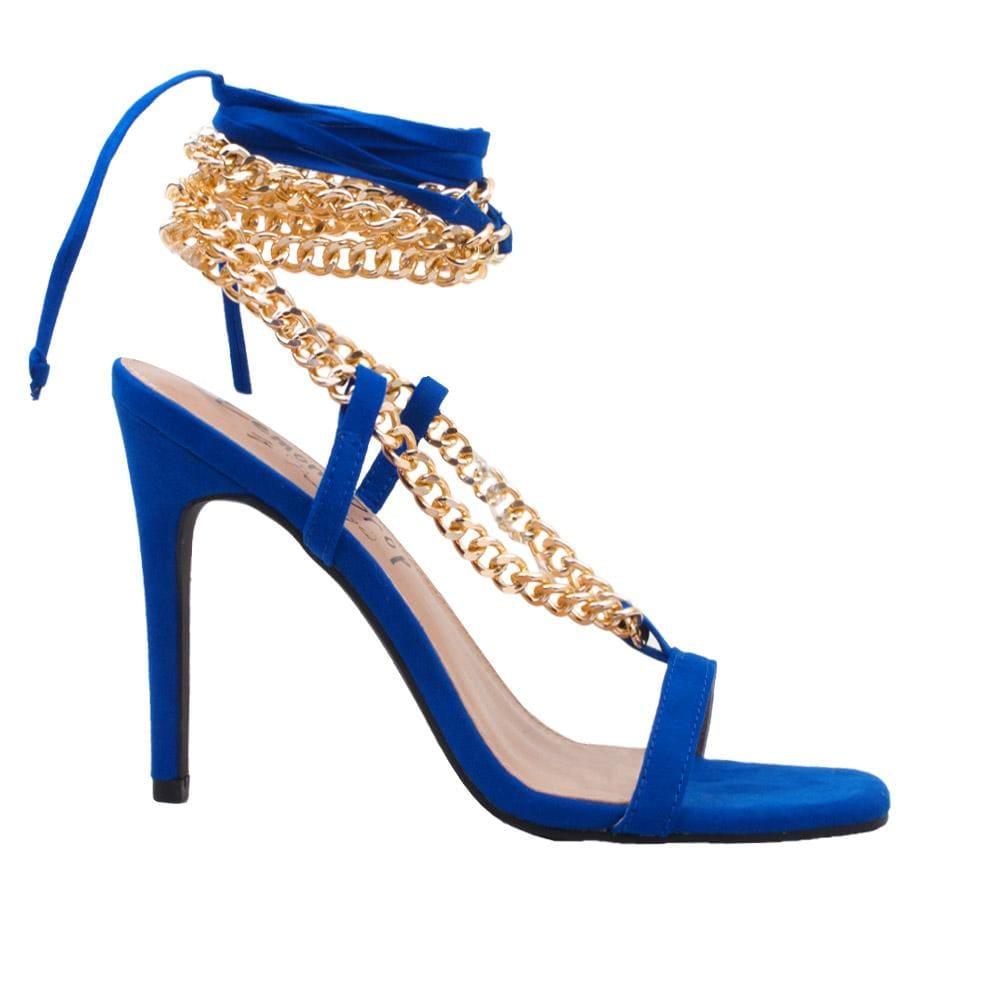 Women heels with gold metal chains and lace tie up in royal blue-side view