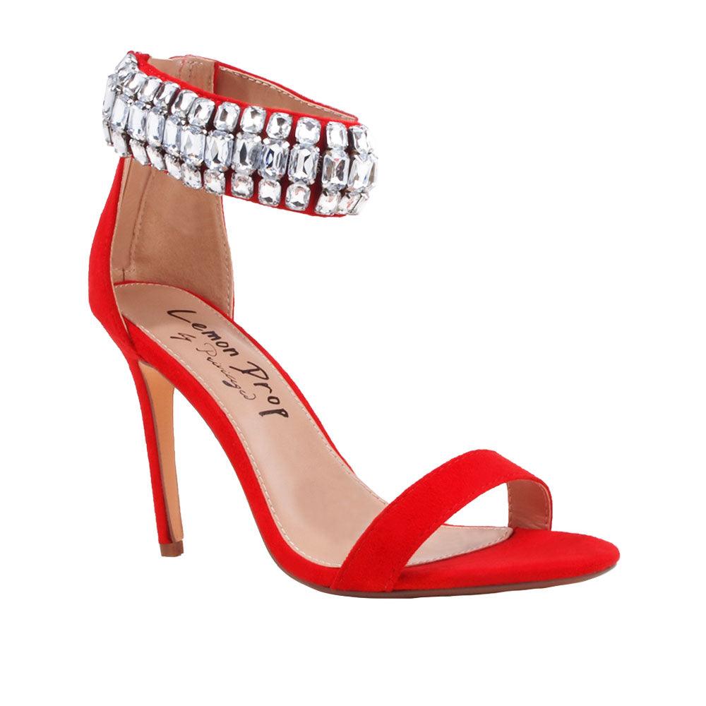 Red vegan suede women heels with rhinestones-corner view
