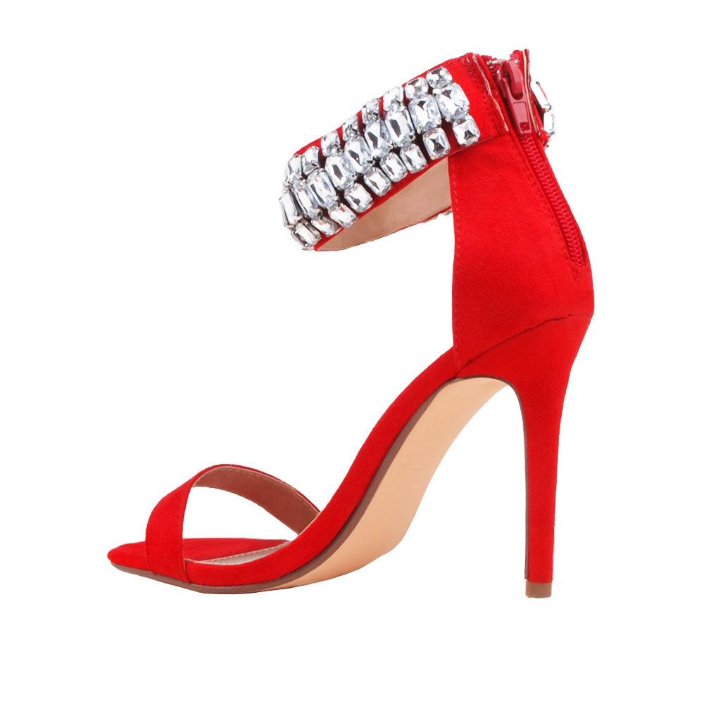 Red vegan suede women heels with rhinestones-posterior view