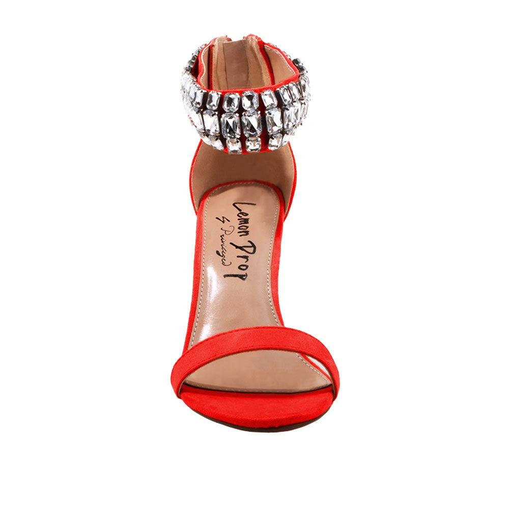 Red vegan suede women heels with rhinestones-front view