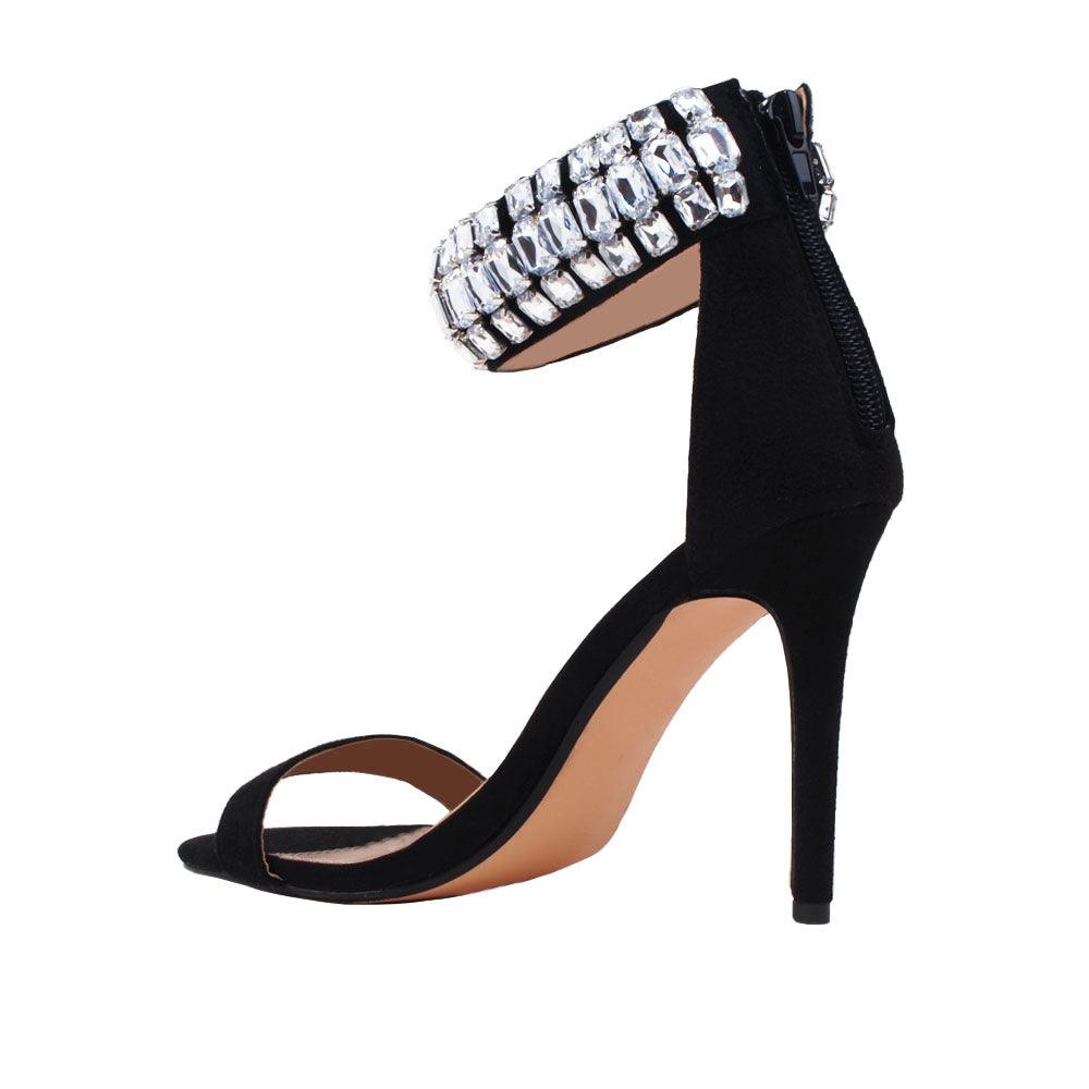 Black vegan suede women heels with rhinestones-posterior view