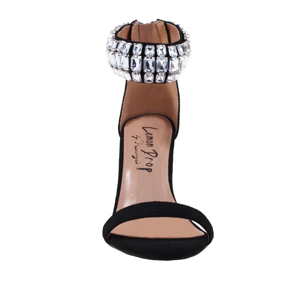 Black vegan suede women heels with rhinestones-front view