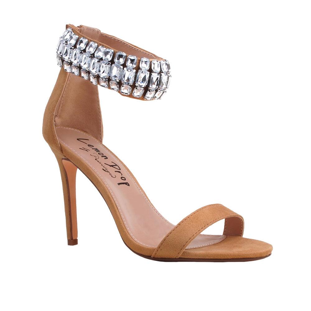 Nude vegan suede women heels with rhinestones-corner view