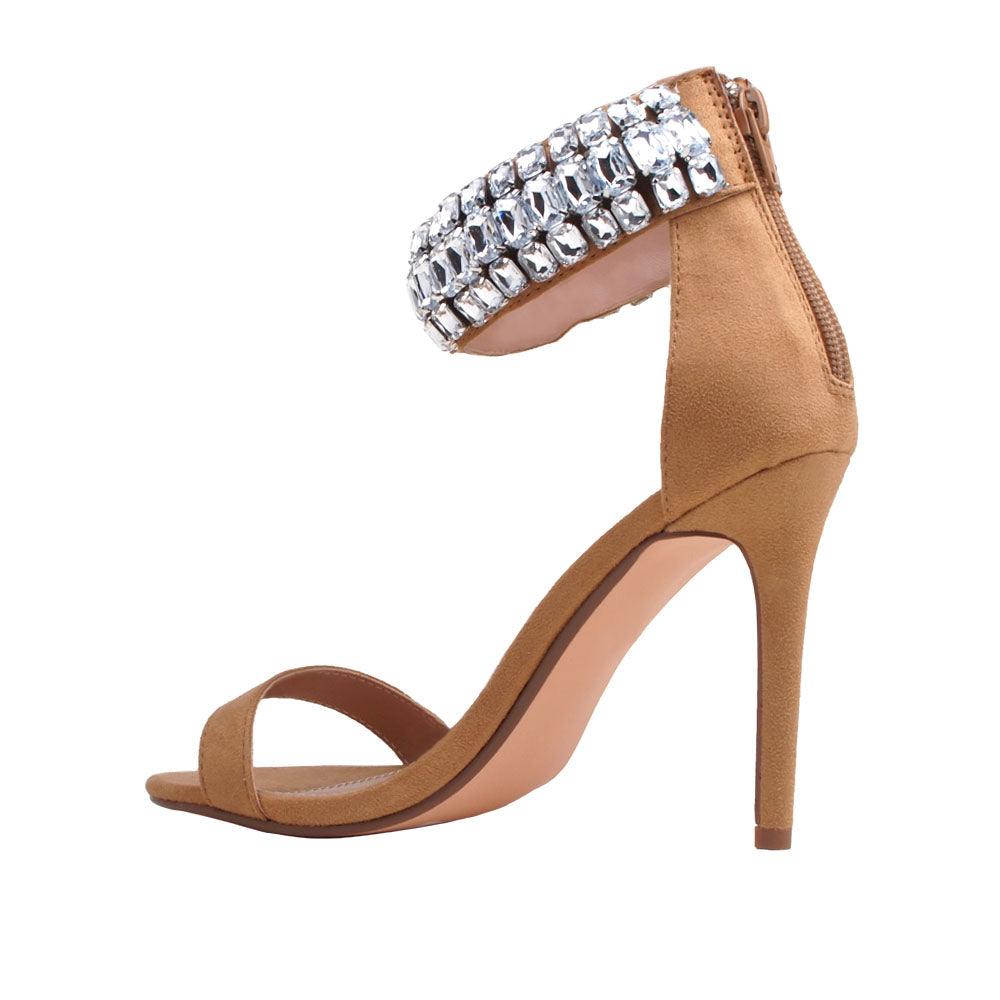 Nude vegan suede women heels with rhinestones-posterior view