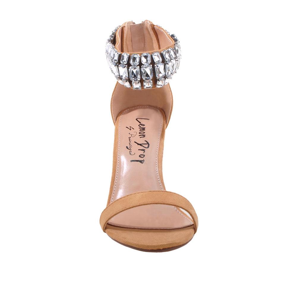 Nude vegan suede women heels with rhinestones-front view