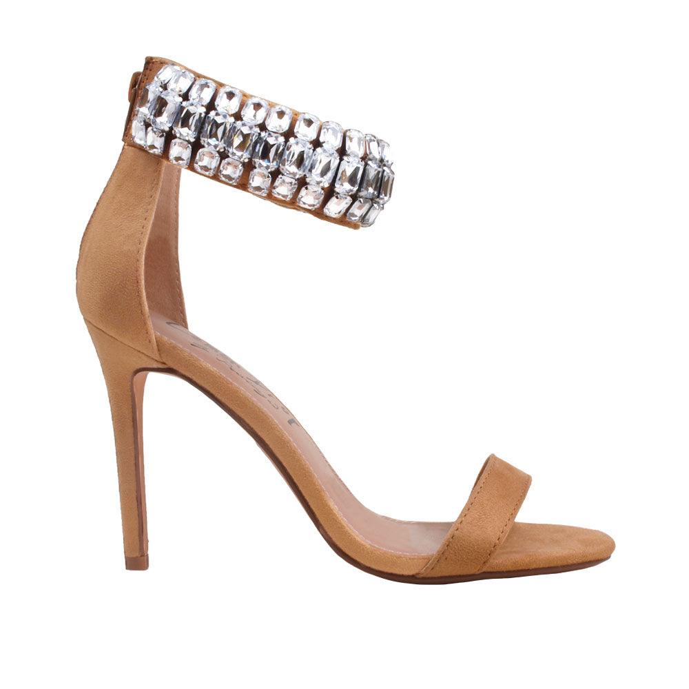 Nude vegan suede women heels with rhinestones-side view