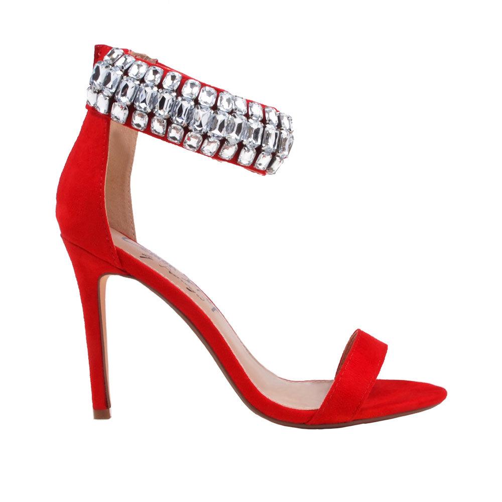Red vegan suede women heels with rhinestones-side view