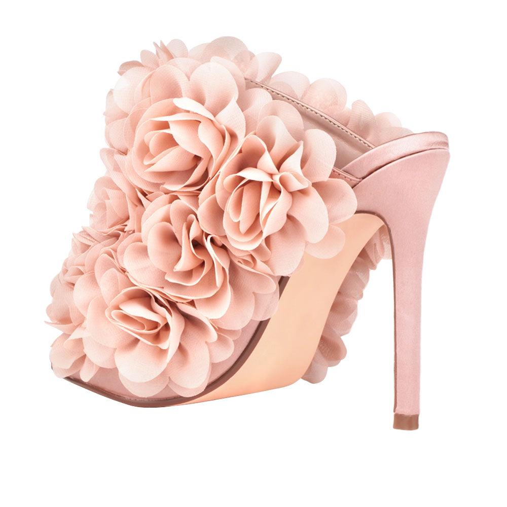 Satin upper women heels with roses in nude-posterior view