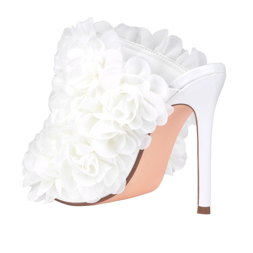 Satin upper women heels with roses in white-posterior view