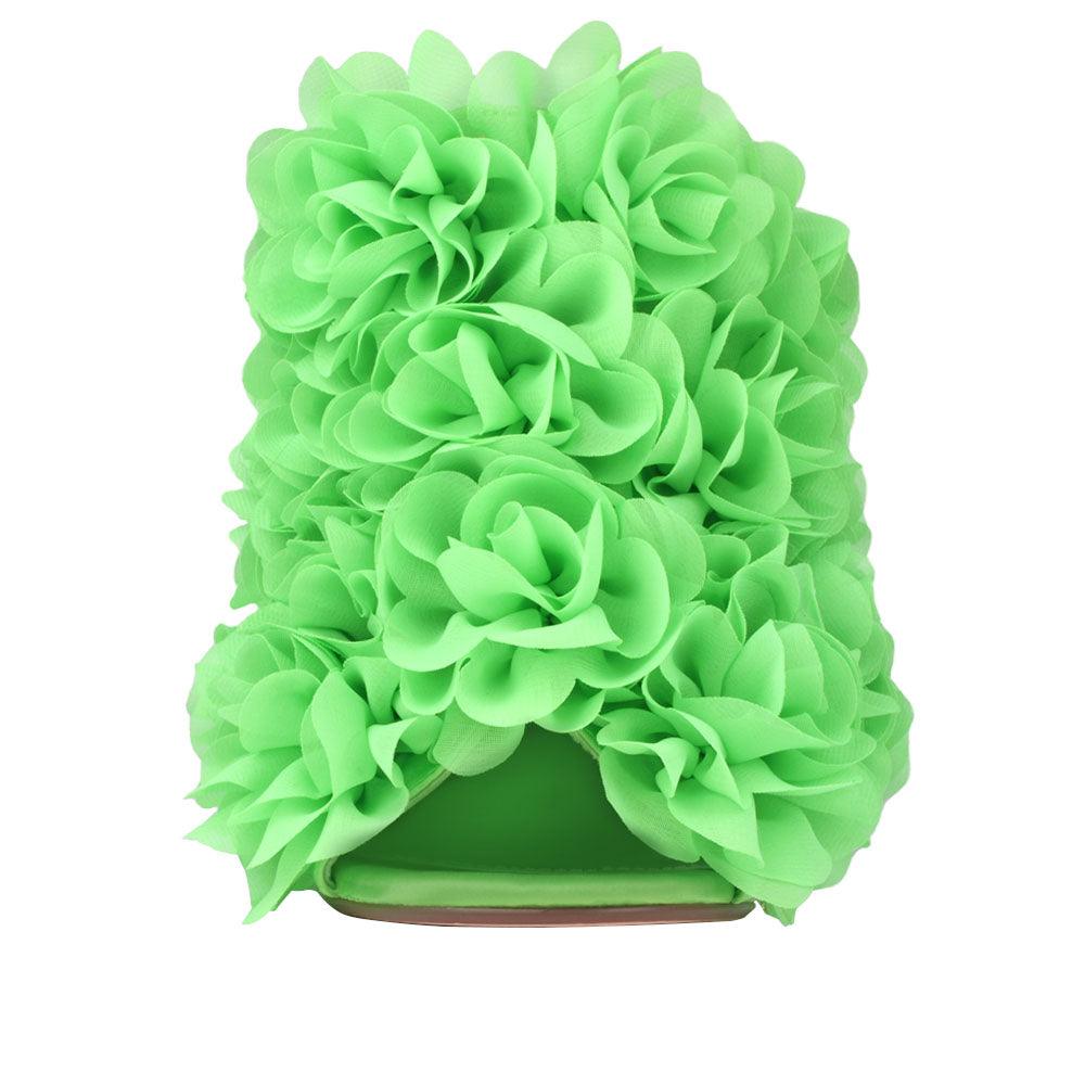 Satin upper women heels with roses in neon green-front view