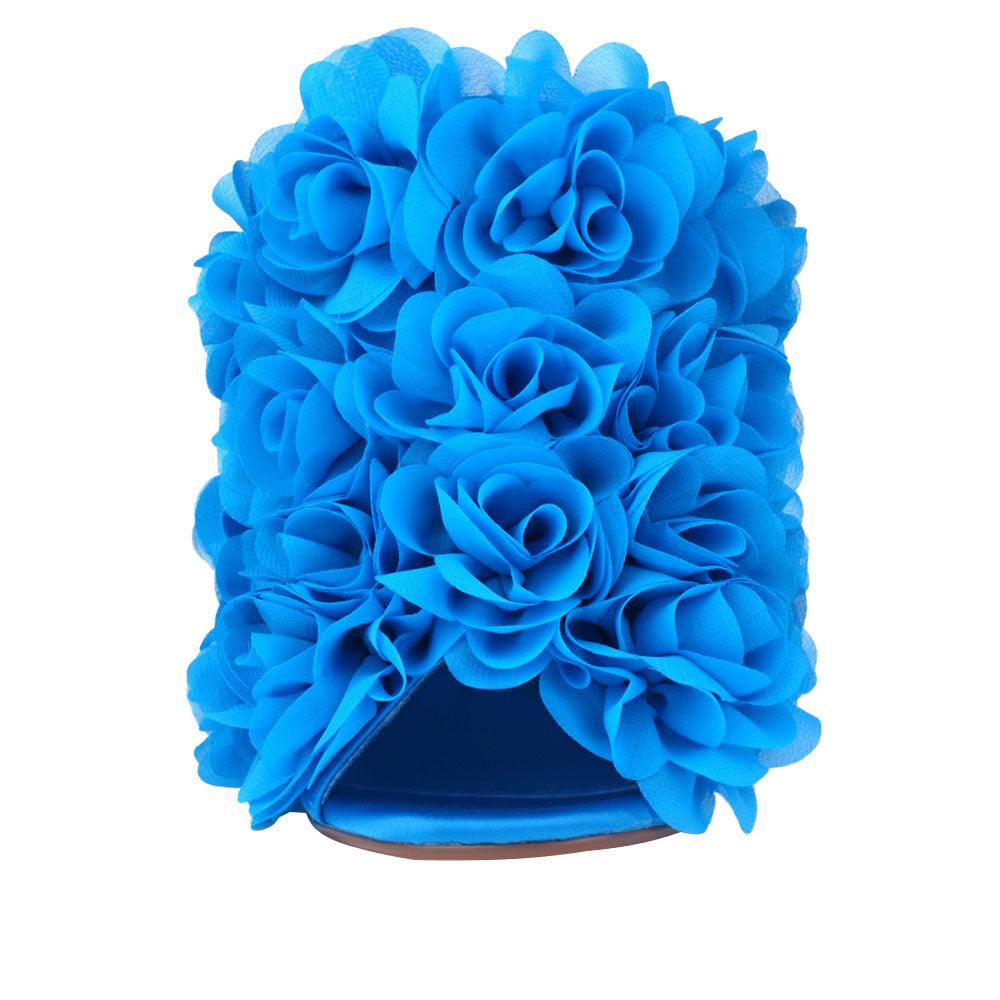 Satin upper women heels with roses in blue-front view