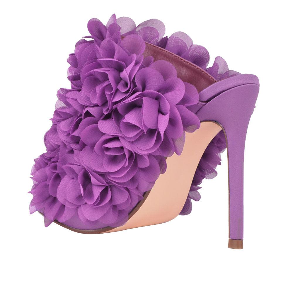 Satin upper women heels with roses in purple-posterior view