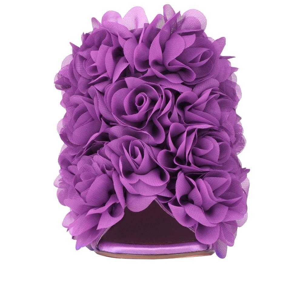 Satin upper women heels with roses in purple-front view