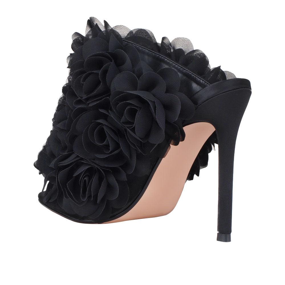 Satin upper women heels with roses in black-posterior view