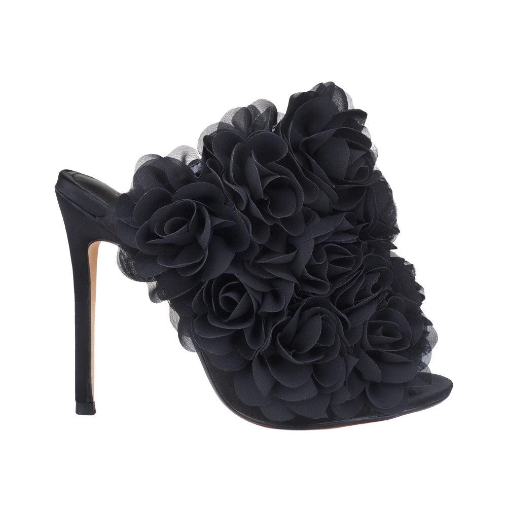 Satin upper women heels with roses in black-side view