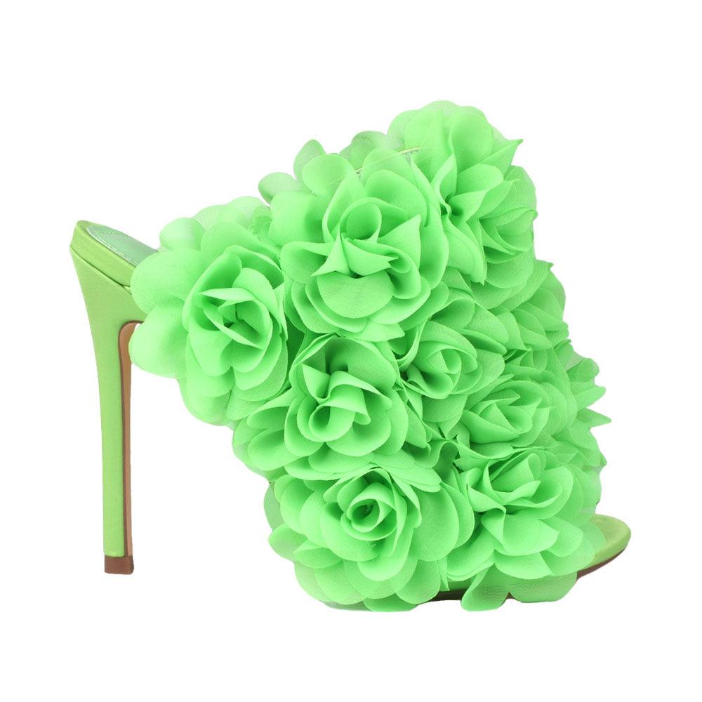 Satin upper women heels with roses in neon green-side view