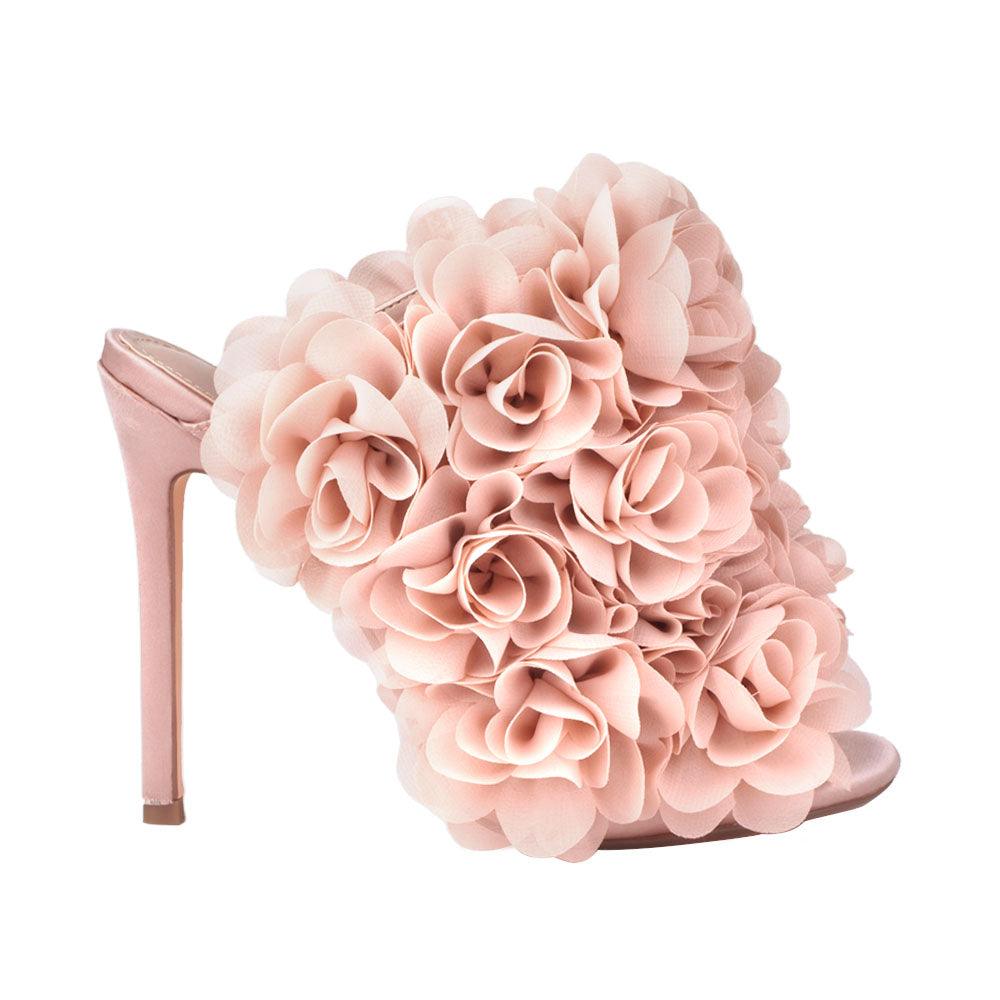 Satin upper women heels with roses in nude-side view