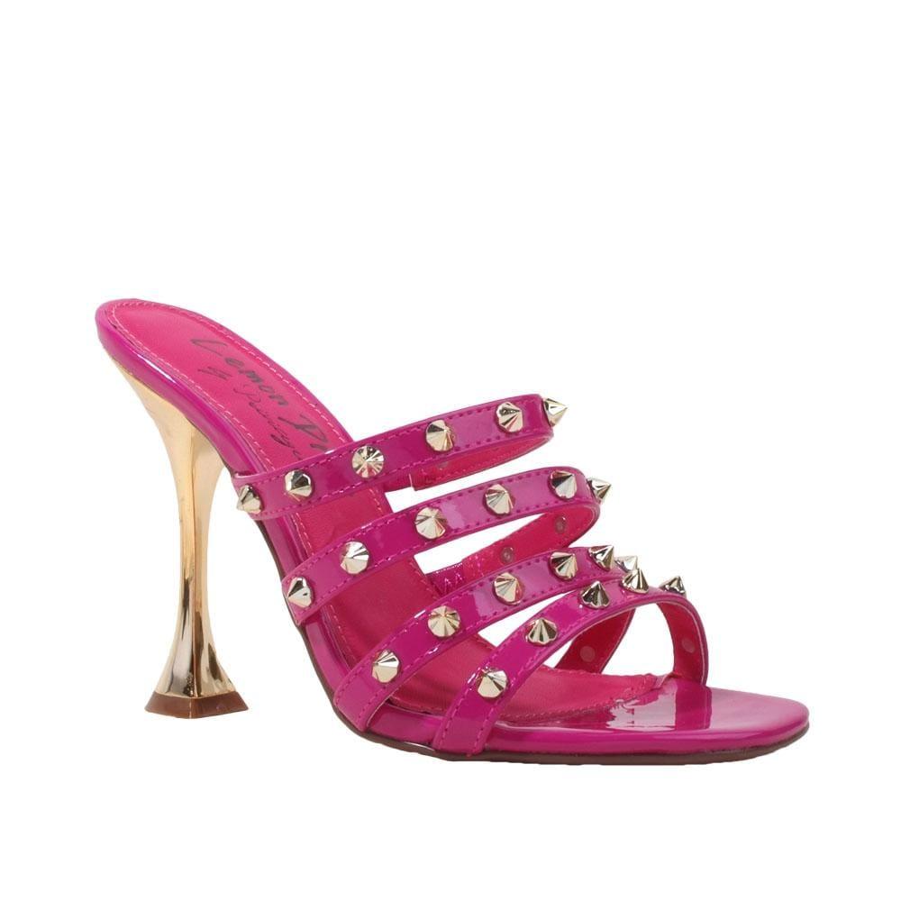 Vegan leather square heel women sandals with studs in fuchsia-corner view