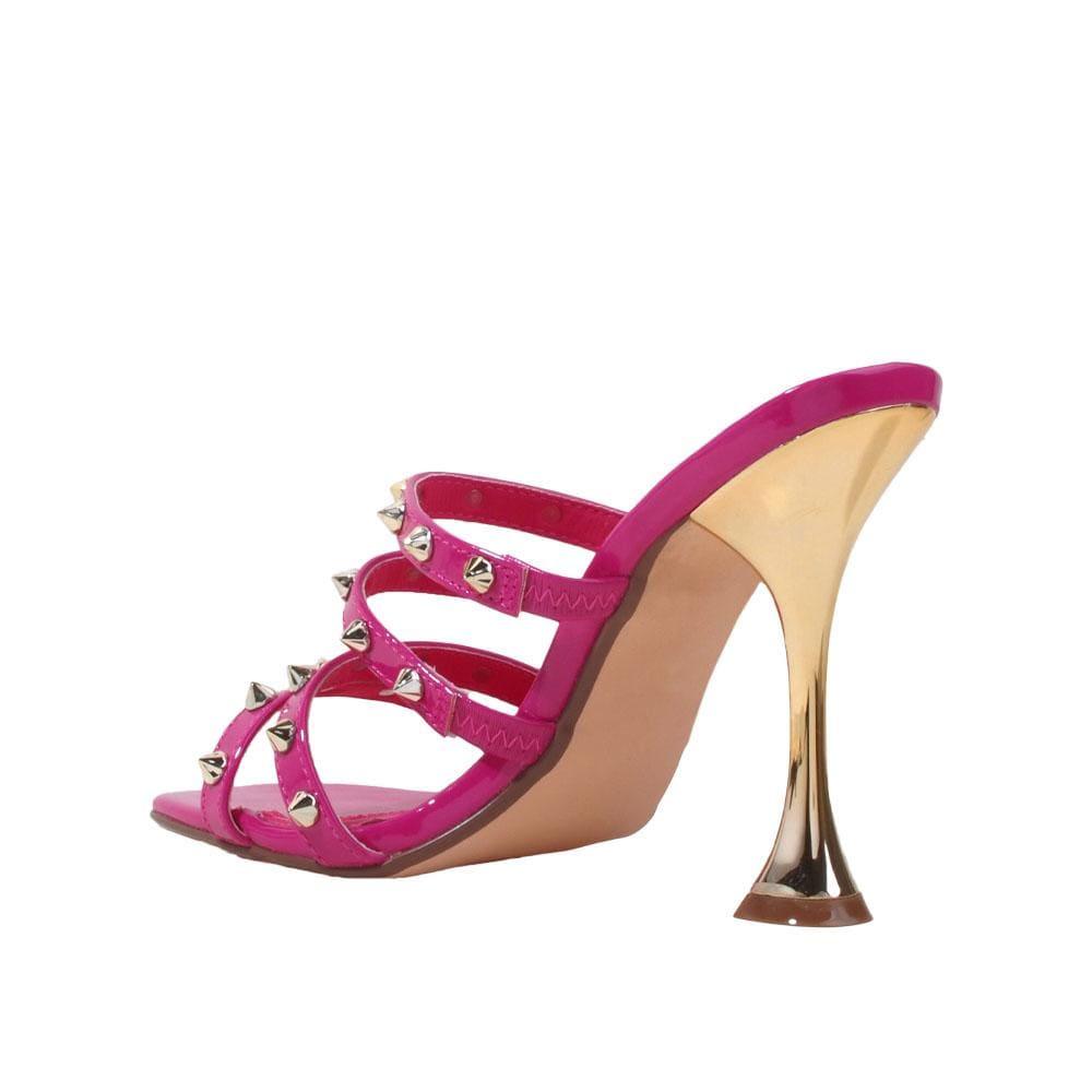 Vegan leather square heel women sandals with studs in fuchsia-posteriro view