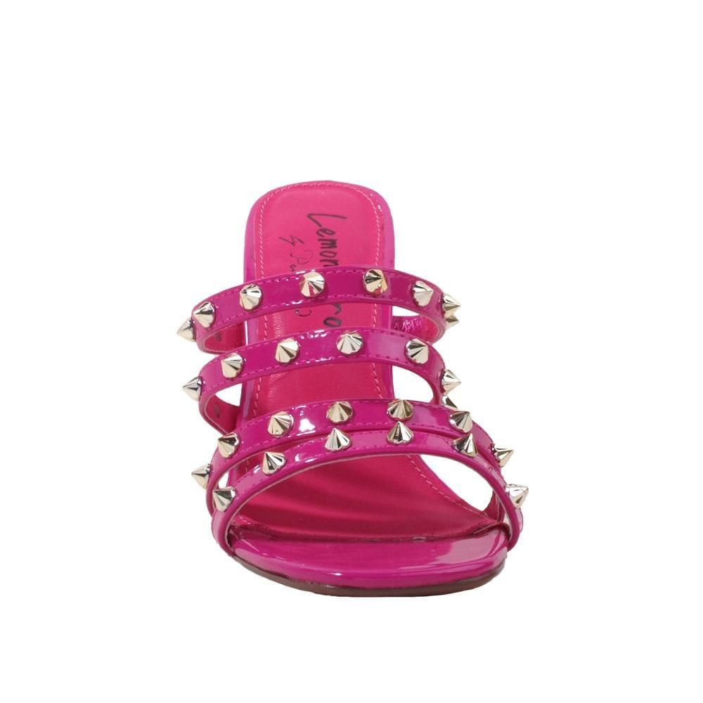 Vegan leather square heel women sandals with studs in fuchsia-front view